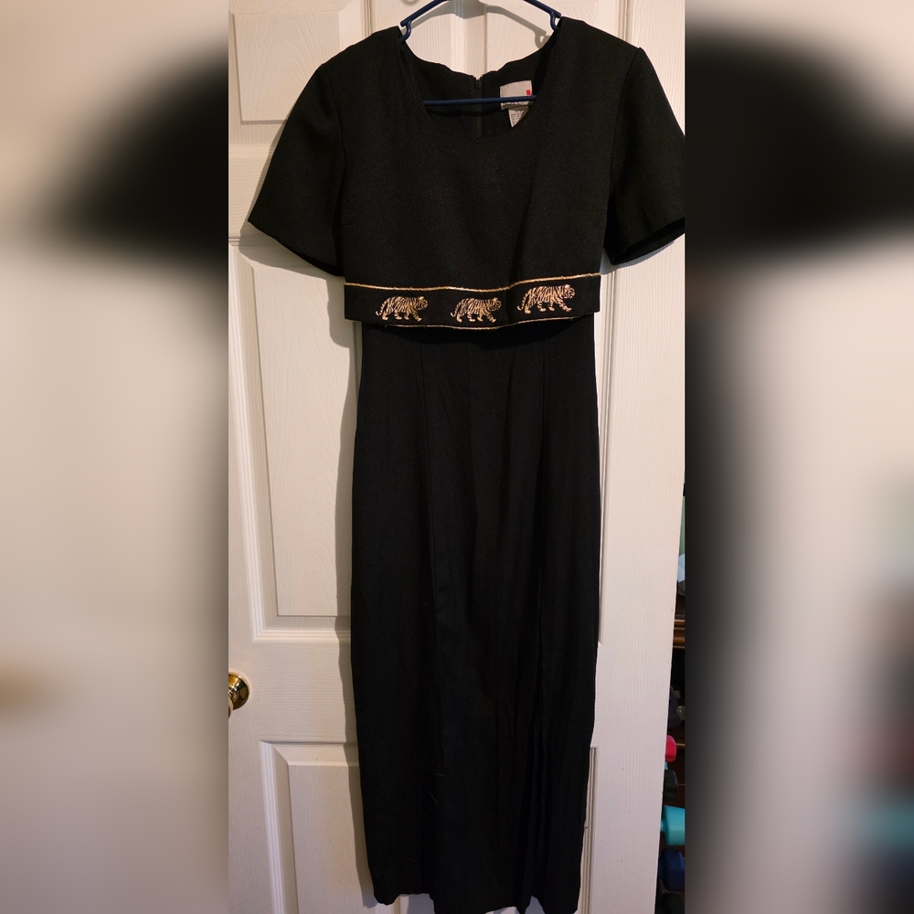 Gold Tiger Embroidered Elegant Black Maxi Dress